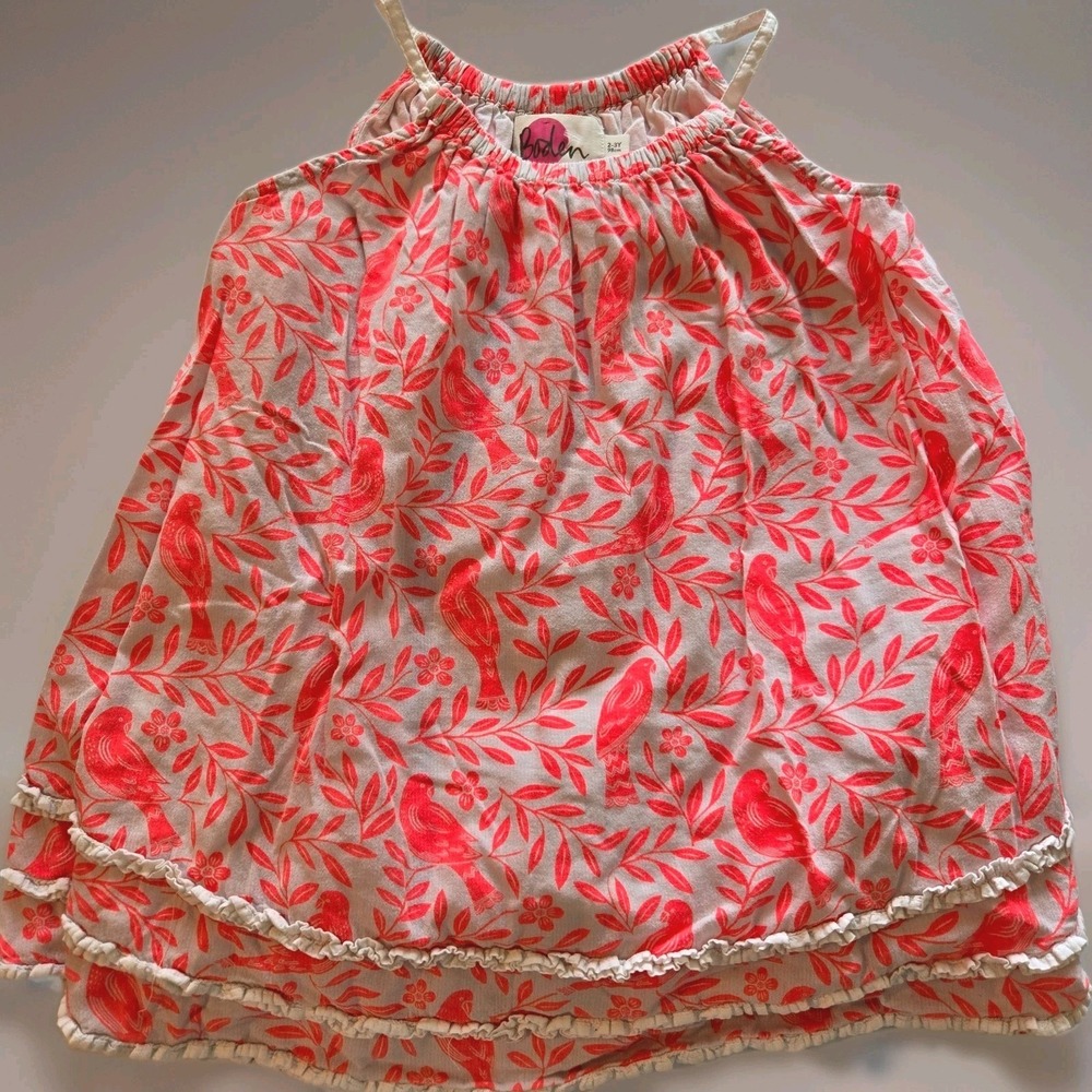 Mini‎ Boden Girls Pink Bird Floral Print Tiered Ruffle Cotton Top 2-3Y 98cm